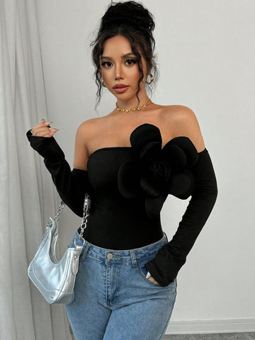 Elenzga 1pc Women's Solid Color Off Shoulder Bodysuit, Simple And Fashionable Casual Everyday Wear