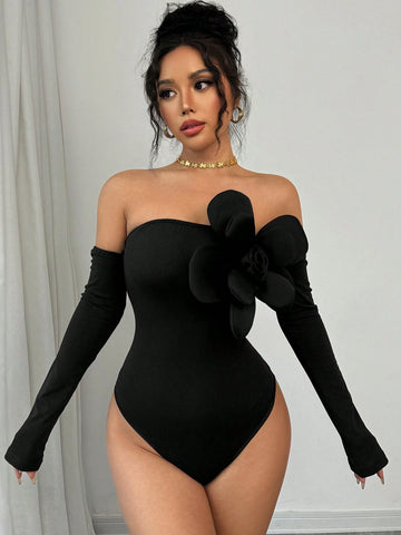 Elenzga 1pc Women's Solid Color Off Shoulder Bodysuit, Simple And Fashionable Casual Everyday Wear