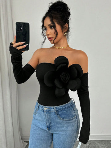 Elenzga 1pc Women's Solid Color Off Shoulder Bodysuit, Simple And Fashionable Casual Everyday Wear