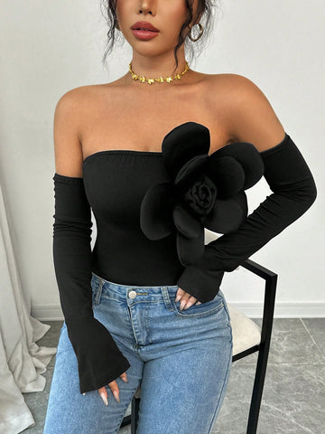 Elenzga 1pc Women's Solid Color Off Shoulder Bodysuit, Simple And Fashionable Casual Everyday Wear
