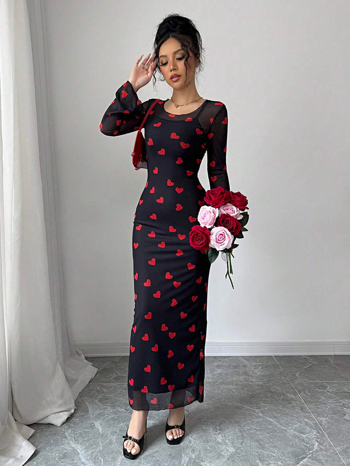 Elenzga 2pcs/Set Valentine's Day Red Heart Print Mesh Outfits