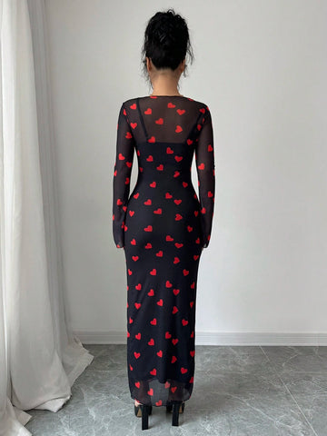 Elenzga 2pcs/Set Valentine's Day Red Heart Print Mesh Outfits