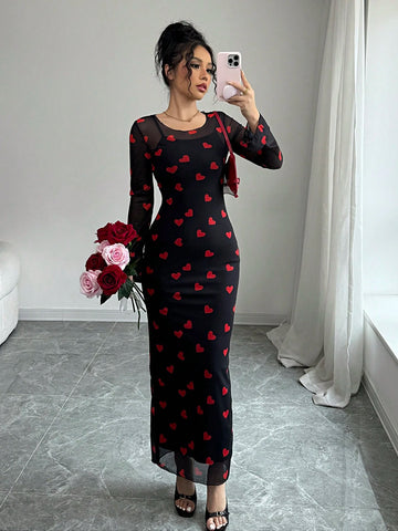 Elenzga 2pcs/Set Valentine's Day Red Heart Print Mesh Outfits