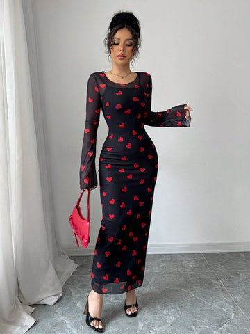 Elenzga 2pcs/Set Valentine's Day Red Heart Print Mesh Outfits
