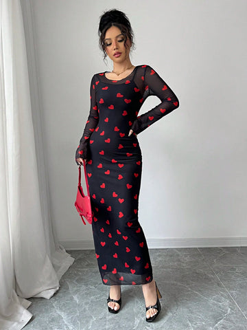 Elenzga 2pcs/Set Valentine's Day Red Heart Print Mesh Outfits