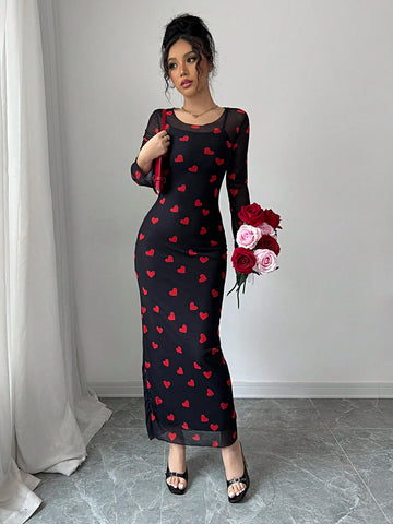 Elenzga 2pcs/Set Valentine's Day Red Heart Print Mesh Outfits