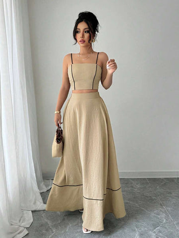 Elenzga 2pcs Set Women Elegant Spaghetti Strap Camisole Top And A-Line Maxi Skirt, Fashion