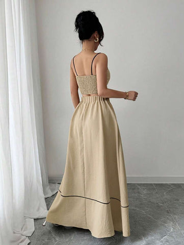 Elenzga 2pcs Set Women Elegant Spaghetti Strap Camisole Top And A-Line Maxi Skirt, Fashion