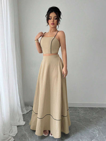Elenzga 2pcs Set Women Elegant Spaghetti Strap Camisole Top And A-Line Maxi Skirt, Fashion