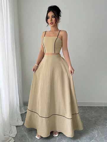 Elenzga 2pcs Set Women Elegant Spaghetti Strap Camisole Top And A-Line Maxi Skirt, Fashion