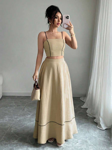 Elenzga 2pcs Set Women Elegant Spaghetti Strap Camisole Top And A-Line Maxi Skirt, Fashion