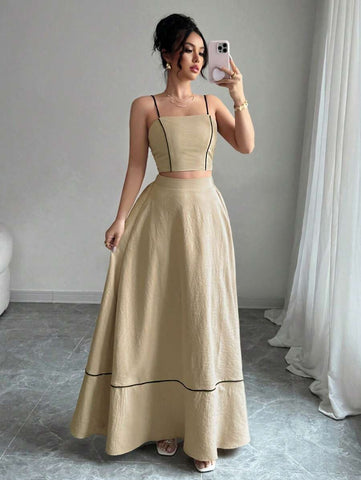 Elenzga 2pcs Set Women Elegant Spaghetti Strap Camisole Top And A-Line Maxi Skirt, Fashion