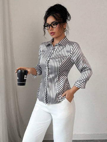Elenzga Casual Satin Stripe Shirt, Suitable For Spring & Summer, Commute