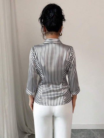 Elenzga Casual Satin Stripe Shirt, Suitable For Spring & Summer, Commute