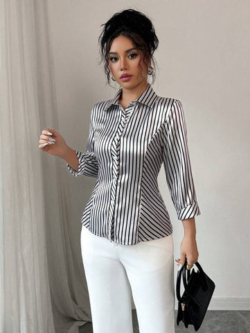 Elenzga Casual Satin Stripe Shirt, Suitable For Spring & Summer, Commute