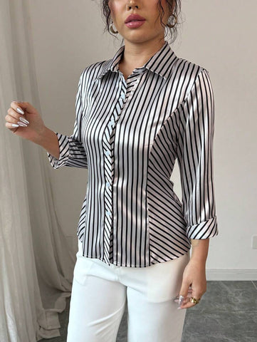Elenzga Casual Satin Stripe Shirt, Suitable For Spring & Summer, Commute