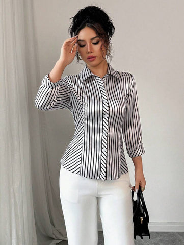 Elenzga Casual Satin Stripe Shirt, Suitable For Spring & Summer, Commute