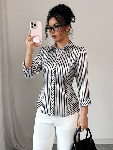 Elenzga Casual Satin Stripe Shirt, Suitable For Spring & Summer, Commute