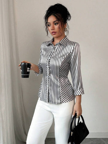 Elenzga Casual Satin Stripe Shirt, Suitable For Spring & Summer, Commute