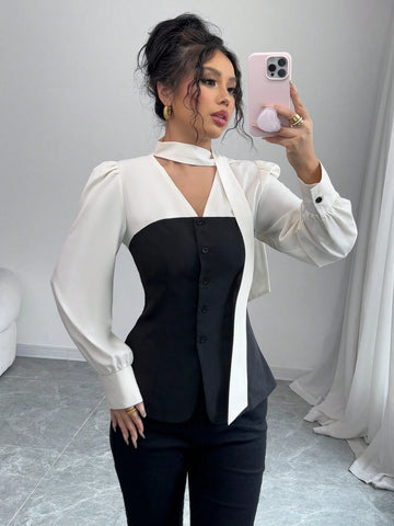 Elenzga Color Block Ribbon Detail Long Sleeve Casual Shirt