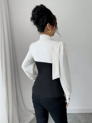 Elenzga Color Block Ribbon Detail Long Sleeve Casual Shirt