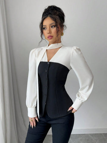 Elenzga Color Block Ribbon Detail Long Sleeve Casual Shirt