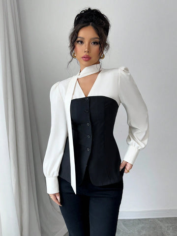 Elenzga Color Block Ribbon Detail Long Sleeve Casual Shirt