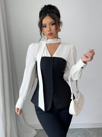 Elenzga Color Block Ribbon Detail Long Sleeve Casual Shirt