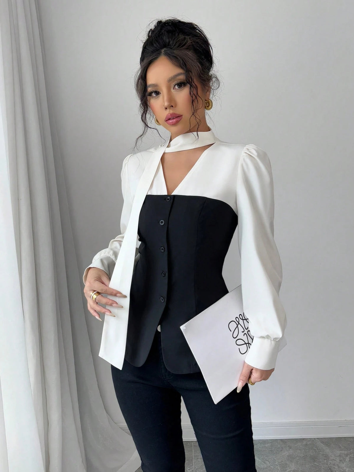 Elenzga Color Block Ribbon Detail Long Sleeve Casual Shirt