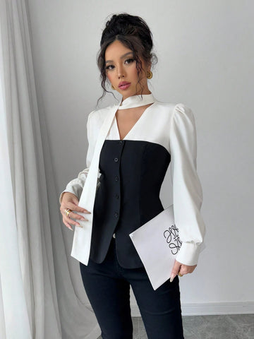 Elenzga Color Block Ribbon Detail Long Sleeve Casual Shirt