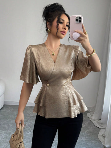 Elenzga Double-Breasted Metal Colored Fabric Puff Sleeve Ruffle Trim Waist Fitted Elegant Women Blouse
