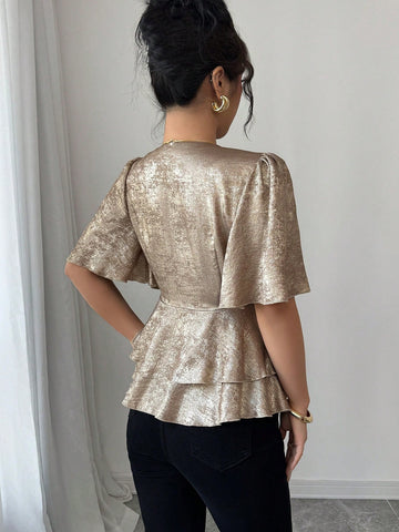 Elenzga Double-Breasted Metal Colored Fabric Puff Sleeve Ruffle Trim Waist Fitted Elegant Women Blouse