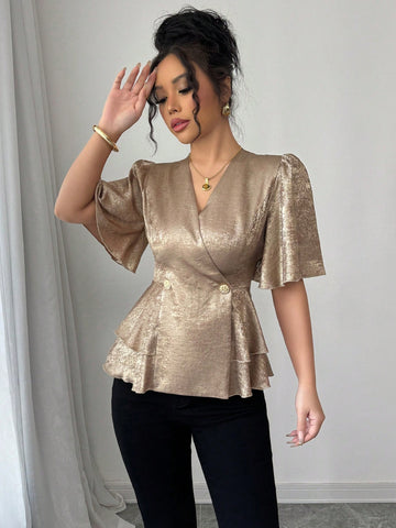Elenzga Double-Breasted Metal Colored Fabric Puff Sleeve Ruffle Trim Waist Fitted Elegant Women Blouse