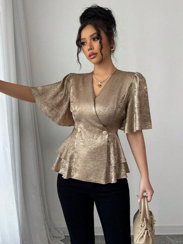 Elenzga Double-Breasted Metal Colored Fabric Puff Sleeve Ruffle Trim Waist Fitted Elegant Women Blouse