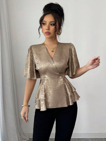 Elenzga Double-Breasted Metal Colored Fabric Puff Sleeve Ruffle Trim Waist Fitted Elegant Women Blouse