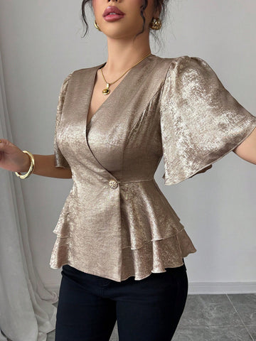 Elenzga Double-Breasted Metal Colored Fabric Puff Sleeve Ruffle Trim Waist Fitted Elegant Women Blouse