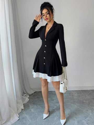 Elenzga Elegant Romantic Women's V-Neck Color Block Pleated Waist A-Line Long Sleeve Dress