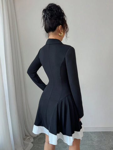 Elenzga Elegant Romantic Women's V-Neck Color Block Pleated Waist A-Line Long Sleeve Dress