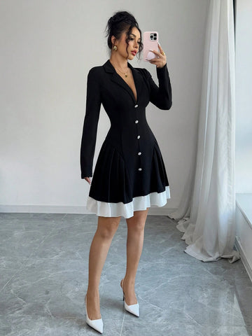 Elenzga Elegant Romantic Women's V-Neck Color Block Pleated Waist A-Line Long Sleeve Dress