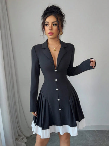 Elenzga Elegant Romantic Women's V-Neck Color Block Pleated Waist A-Line Long Sleeve Dress