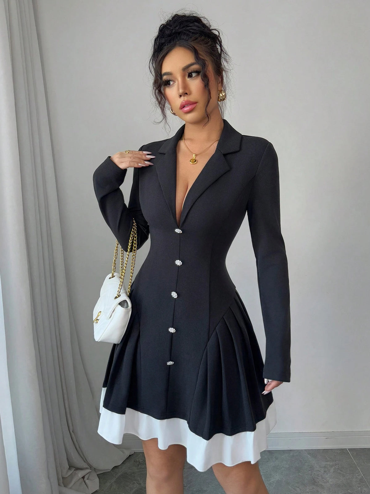 Elenzga Elegant Romantic Women's V-Neck Color Block Pleated Waist A-Line Long Sleeve Dress