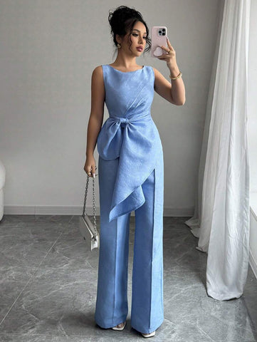 Elenzga Elegant Sleeveless Top & Jacquard Wide Leg Pants Two Pieces Set, Slimming & Fashionable