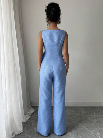 Elenzga Elegant Sleeveless Top & Jacquard Wide Leg Pants Two Pieces Set, Slimming & Fashionable