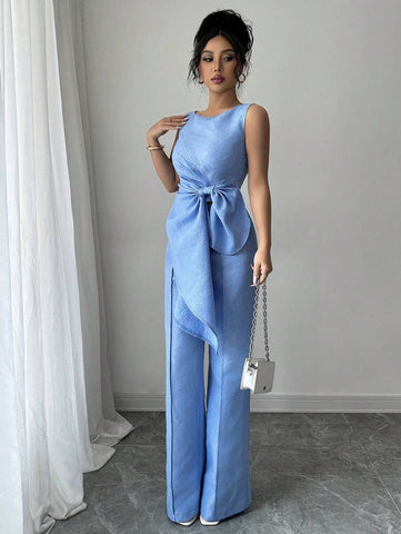 Elenzga Elegant Sleeveless Top & Jacquard Wide Leg Pants Two Pieces Set, Slimming & Fashionable