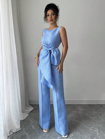 Elenzga Elegant Sleeveless Top & Jacquard Wide Leg Pants Two Pieces Set, Slimming & Fashionable
