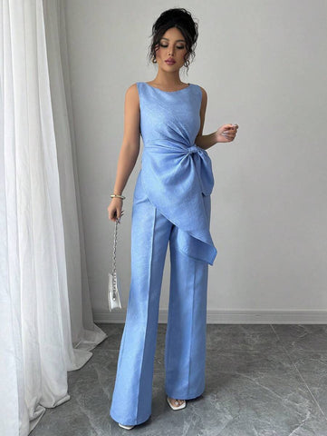 Elenzga Elegant Sleeveless Top & Jacquard Wide Leg Pants Two Pieces Set, Slimming & Fashionable