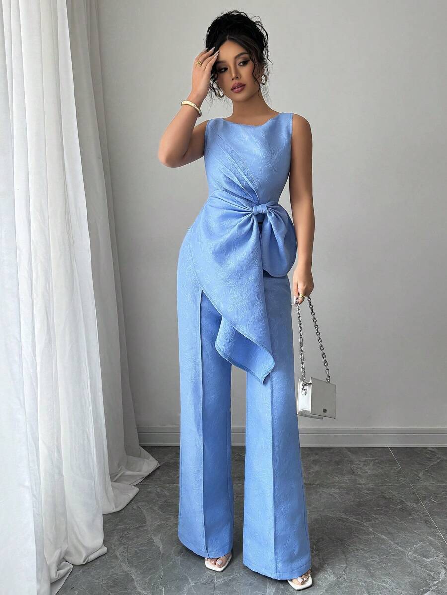 Elenzga Elegant Sleeveless Top & Jacquard Wide Leg Pants Two Pieces Set, Slimming & Fashionable