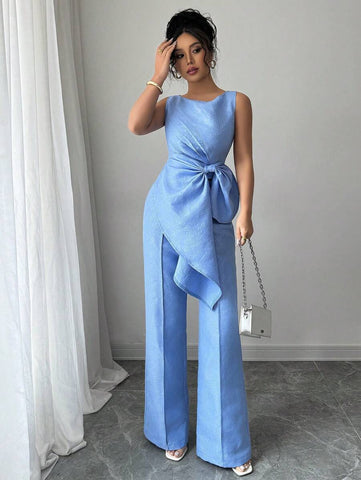 Elenzga Elegant Sleeveless Top & Jacquard Wide Leg Pants Two Pieces Set, Slimming & Fashionable