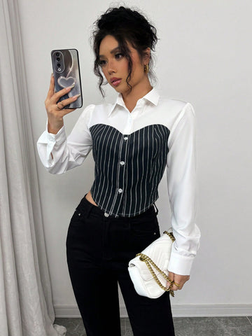 Elenzga Elegant Striped Patchwork Long Sleeve Women's Shirt