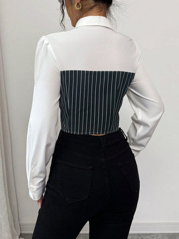 Elenzga Elegant Striped Patchwork Long Sleeve Women's Shirt